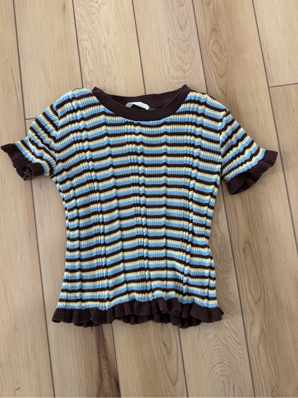 Zara Short Sleeve Striped Ruffle Hem Top - Brown, Blue & Cream